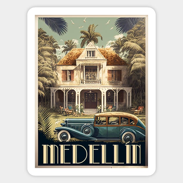 Medellin Colombia Vintage Travel Art Poster Sticker by OldTravelArt